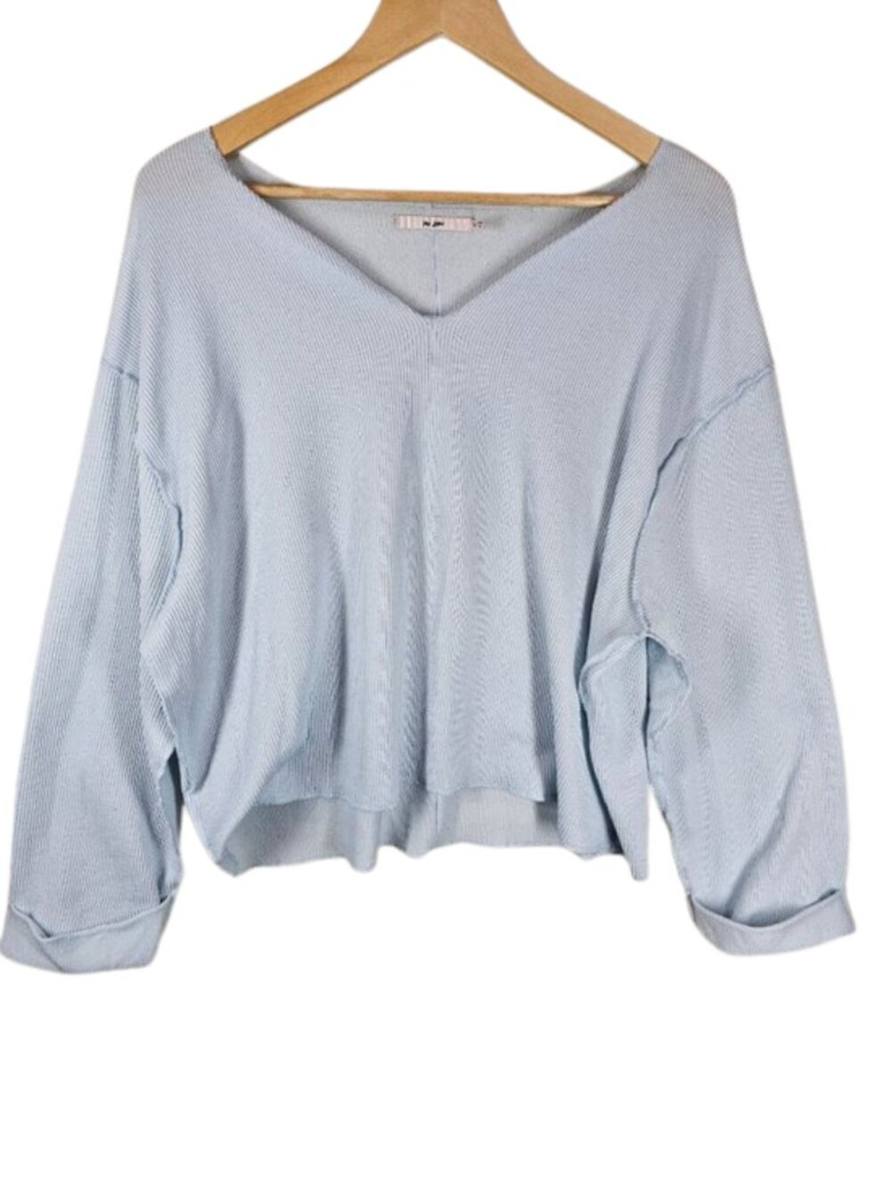 Mi Ami Waffle Knit V-Neck Top Light Blue Boxy Sz M Loungewear Casual Comfy